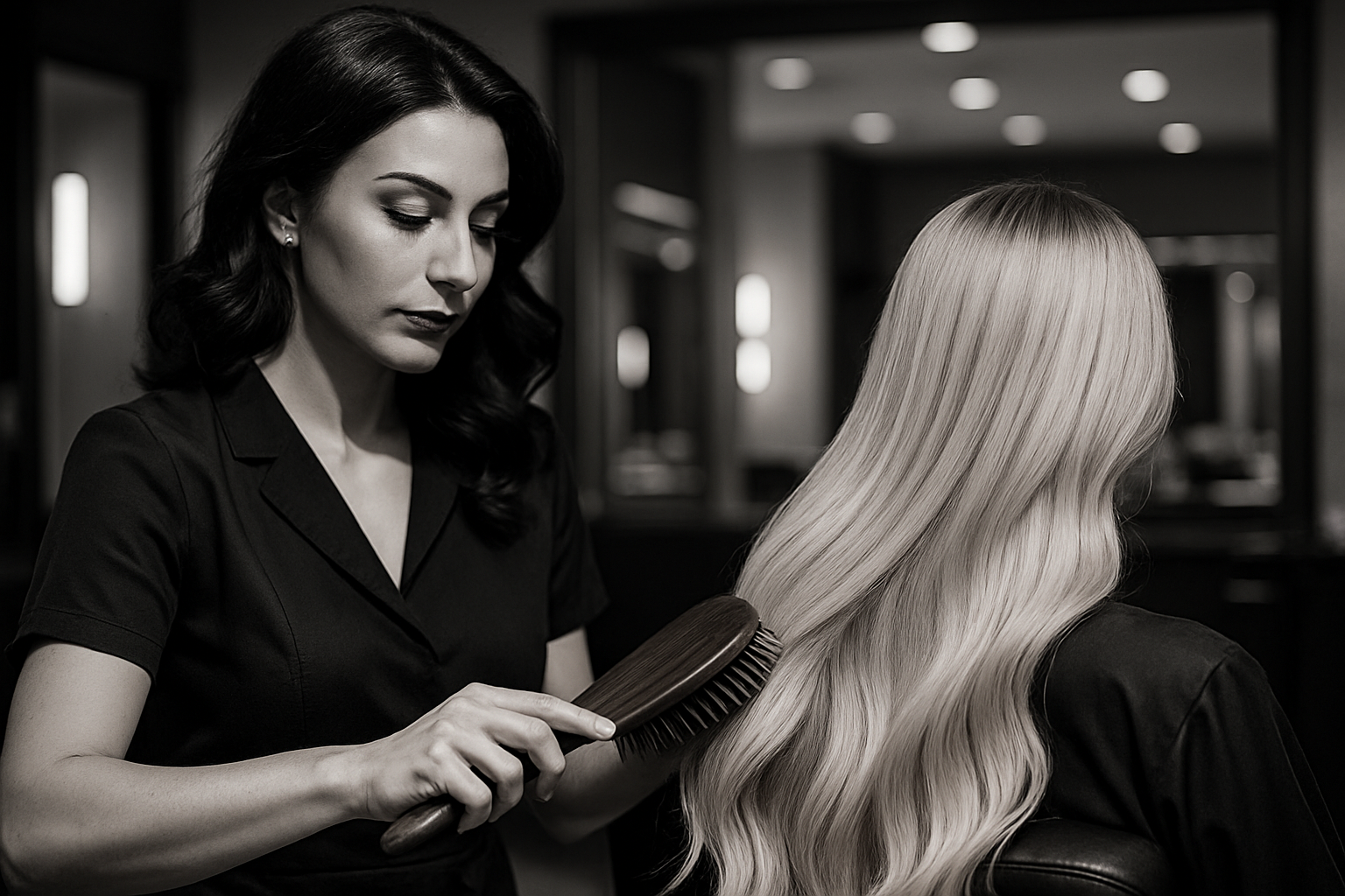 hair stylists brushing a client's blonde hair extensions. make it a black and white image. make the stylist a brunnette with makeup on, make her look italian