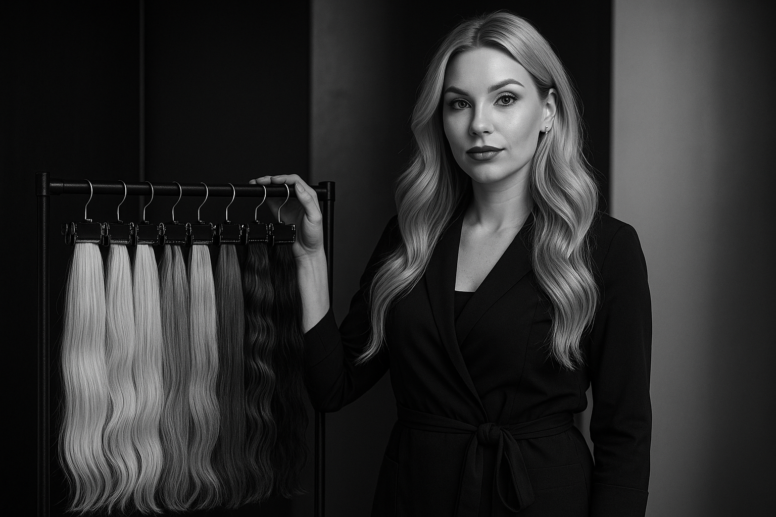 make the stylist a long haired blonde with makeup. make her look scandiavian 